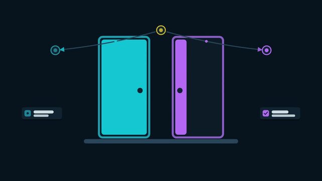 Seamless 4K looping animation of an abstract business metaphor: making hard choice two doors. Flat vector shapes, glowing teal and turquoise details and dark interface cards with blank text placeholde