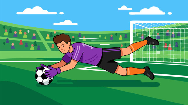 Purple-kitted goalkeeper in black shorts and orange socks sprawled low to scoop a football off the grass beside the goal net, flat vector illustration about athletic reflexes