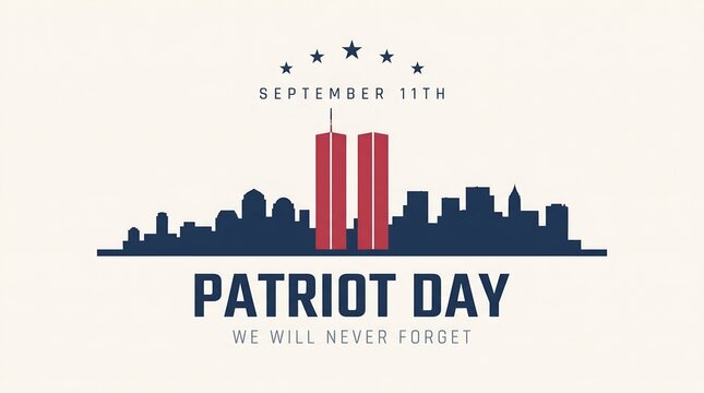 Patriot day graphic illustration with united states skyline and twin towers silhouette on white background honoring september 11th and fallen heroes we will never forget. 
