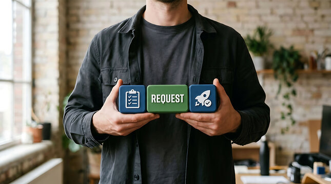 Man holding blocks representing business request process and workflow startup