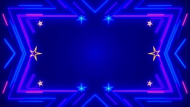 Abstract background with glowing blue and pink neon lines forming a symmetrical frame and animated stars.