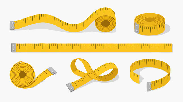 Six glossy yellow measuring tapes with metal ends rolled, looped and unrolled in different positions on a light grey background, flat vector illustration about measurement, sizing and precision
