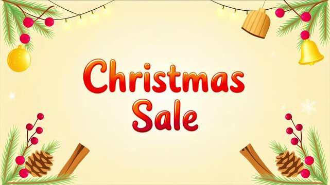 Animated Christmas sale background featuring festive decorations, twinkling lights, and gentle snowfall. Perfect for holiday promotions and seasonal greetings.