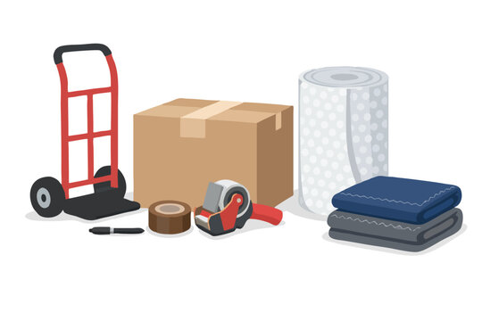 Hand truck, taped cardboard carton, tape gun, rolled bubble wrap and folded navy blankets laid out on a white backdrop, relocation essentials