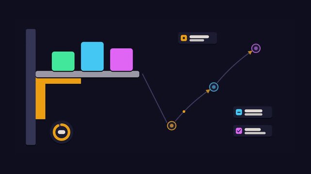Seamless 4K looping animation of an abstract business metaphor: offering support bracket holding shelf. Flat vector shapes, glowing blue and azure details and dark interface cards with blank text plac