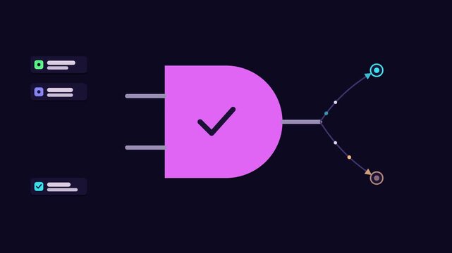 Animated conceptual scene showing avoiding wrong conclusion checking logic, drawn as a minimal vector metaphor in a modern dark mode style with neon purple and violet accents and placeholder cards. Sm