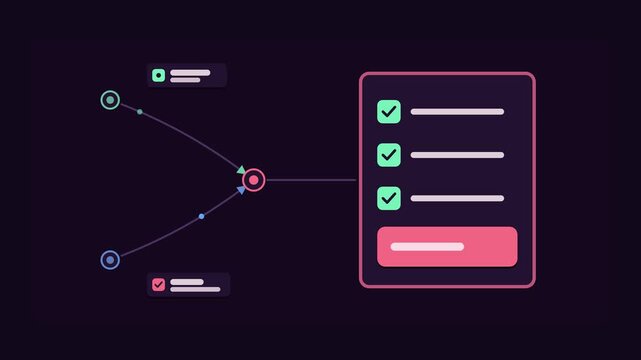 Animated conceptual scene showing making informed choice using facts, drawn as a minimal vector metaphor in a modern dark mode style with neon purple and violet accents and placeholder cards. Smooth 4
