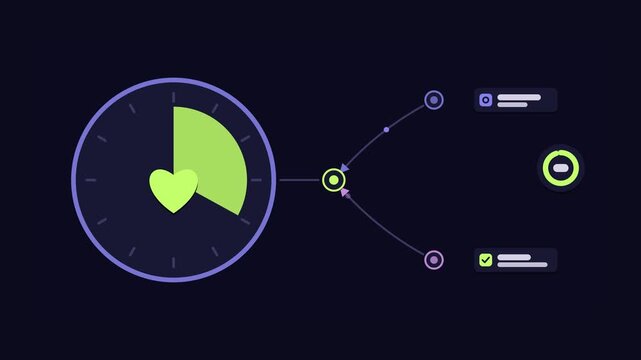 Animated conceptual scene showing volunteering time giving hours freely, drawn as a minimal vector metaphor in a modern dark mode style with neon blue and azure accents and placeholder cards. Smooth 4