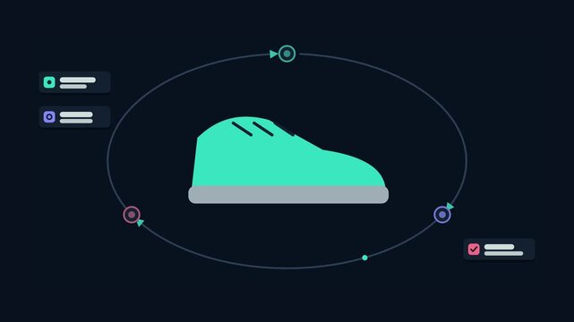 Animated conceptual scene showing staying active daily running shoes, drawn as a minimal vector metaphor in a modern dark mode style with neon teal and turquoise accents and placeholder cards. Smooth 