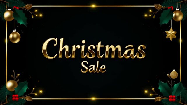 Animated Christmas Sale banner featuring elegant golden text, festive decorations, and shimmering particles.