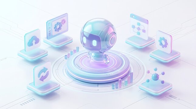 Cute robotic head floating on a digital technology platform surrounded by floating icons of cloud upload settings and workflow automation for modern business digital transformation concepts