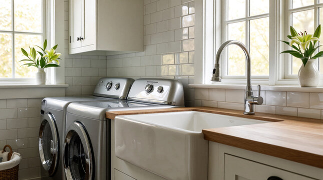 Modern farmhouse laundry room with vintage style. White subway tile walls, wooden countertops. Silver washing machine, dryer sit near large ceramic farmhouse sink. Bright window lets natural light