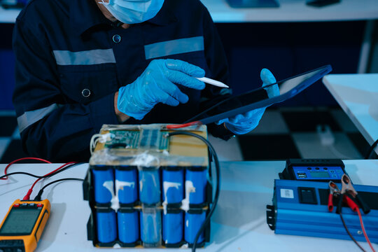 Engineer testing a battery pack with a multimeter in a high-tech lab, exploring BMS, renewable energy storage, electrical testing, clean power, and battery innovation.