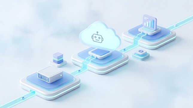 Isometric digital technology cloud workflow showing robot head icon on cloud module linked to server and analytics dashboard for automated enterprise business intelligence