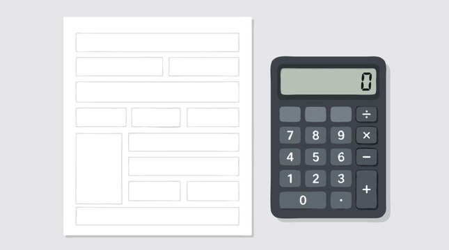 Blank tax form sheet with empty grey input boxes beside a dark grey calculator displaying zero, flat vector illustration about finance paperwork and tax filing