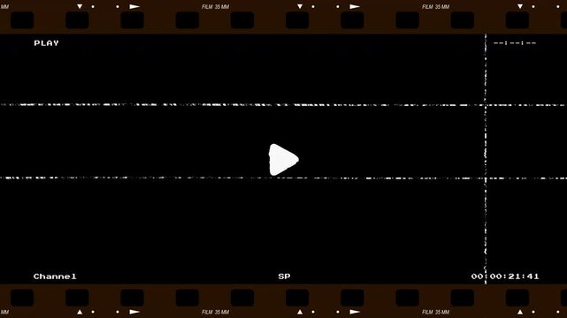 Retro VHS glitch overlay with white flickering lines and analog defects on a black background featuring a film strip border and play icon for video editing alpha channel effects