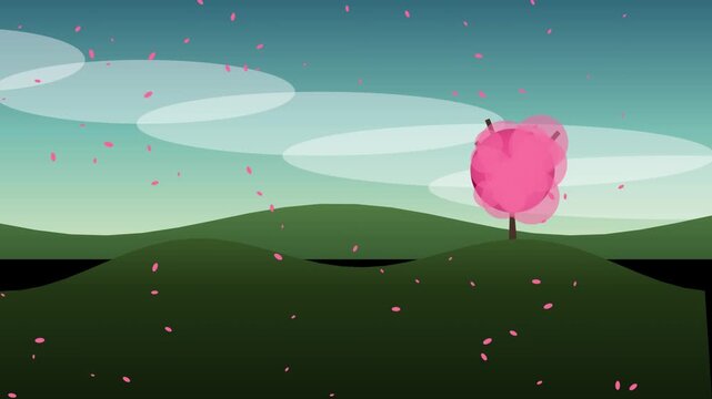 Beautiful Animation Of Pink Cherry Blossom Tree On Green Hills With Falling Petals In Gentle Wind Loop