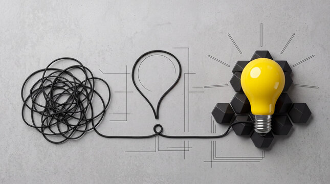 From complex problem to clear solution a yellow light bulb illuminates a path from a tangled mess to structured hexagons representing innovation and success