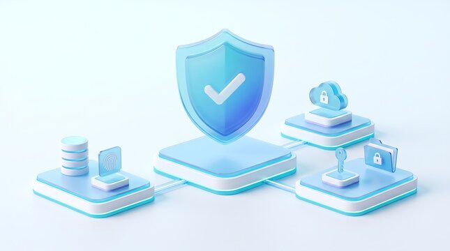 Cybersecurity digital technology scene showing a central shield icon connected to cloud and database assets to visualize data protection and secure encrypted network systems