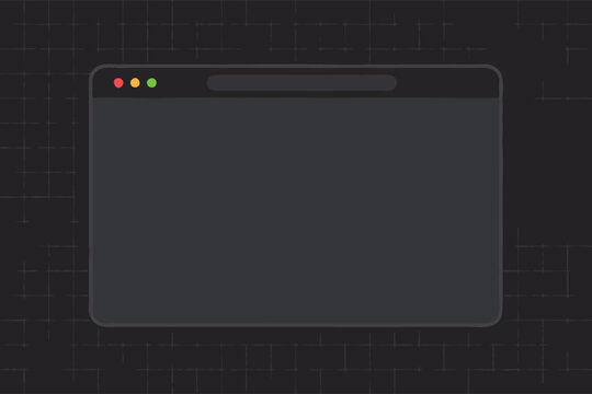 Empty dark grey browser window mockup with red, yellow and green window buttons and a blank address bar on a charcoal grid background, minimal flat vector interface template about web design