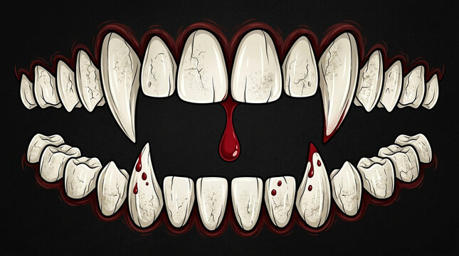 Vampire teeth with blood dripping, horror mouth illustration for Halloween or dark fantasy design