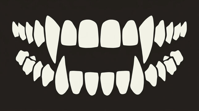 Graphic illustration of a stylized vampire mouth with sharp fangs and missing teeth against dark background