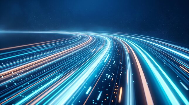 Dynamic light trails in blue and orange hues representing high speed data transmission and digital information flow through fiber optic communication networks in cyberspace