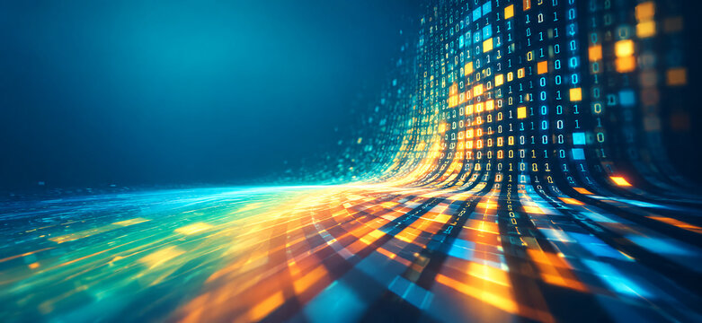 Abstract digital data stream with binary code flowing through