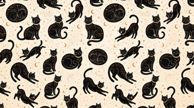 Seamless repeating pattern of elegant black cats in different playful poses, curled sleeping cats, sitting cats and stretching cats 