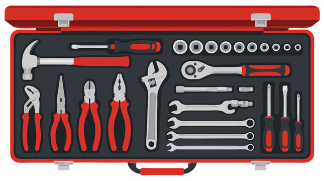 Open red toolbox neatly holding hammer, pliers, wrenches, a ratchet, socket set and screwdrivers in a top-down view, flat vector illustration about hand tools and DIY work