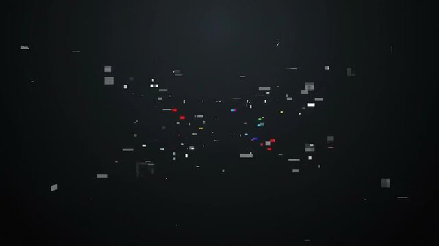 Digital particles form white and red squares, rectangles, and dots against black, suitable for technology presentations, gaming, and futuristic designs.