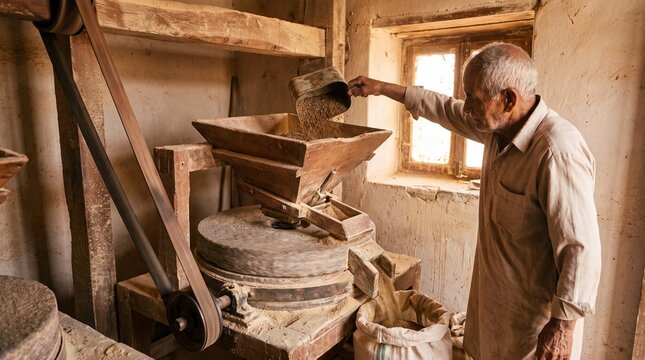 Miller Feeding Cumin Seeds Into Traditional Stone Grinding Mill