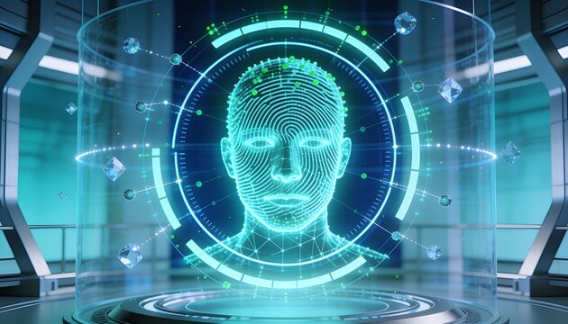 Generative AI futuristic digital human face scanner with virtual interface and holographic display