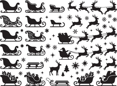 Black and white holiday sleigh and reindeer vector illustrations