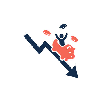 Piggy bank sliding down bearish stock market chart arrow symbolizing financial loss and economic crisis.
