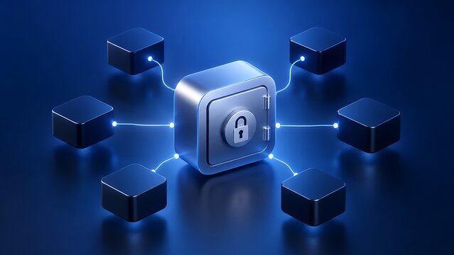 Metallic safe box connected to floating cubes via glowing blue light lines symbolizing secure data storage and blockchain.