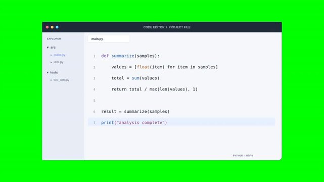 Python code editor on green screen, horizontal video