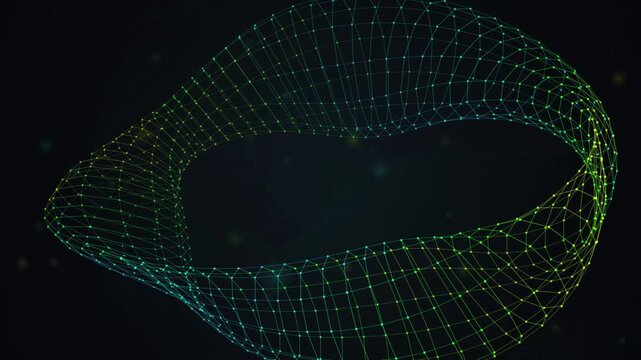 Futuristic glowing plexus mesh infinity loop animation with cyber green and blue data network connection