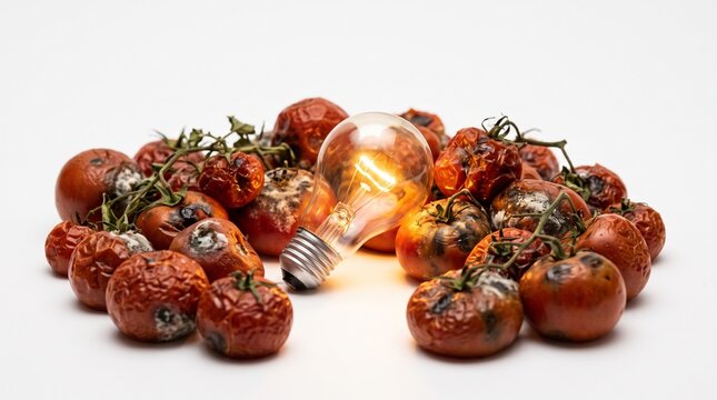A pile of rotten tomatoes surrounds a glowing light bulb, symbolizing decay and innovation.
