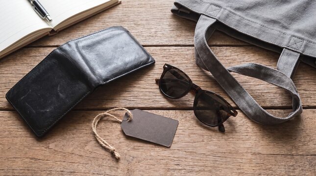 Flat lay of male fashion accessories with leather wallet sunglasses