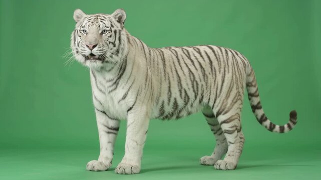 A beautiful white tiger stands in full growth against a green screen background in a studio. This rare wild animal with dark stripes looks attentively to the side