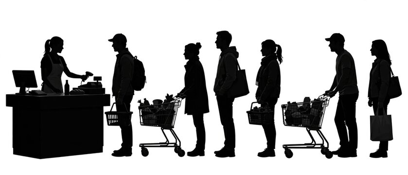 Silhouette of people queuing at a supermarket checkout with shopping carts.