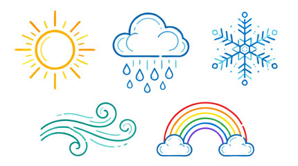 Fototapeta premium Colorful line weather icons: an orange-yellow sun with rays, a blue cloud dripping rain, a sparkling blue snowflake, teal swirling wind lines and a rainbow between two clouds on white