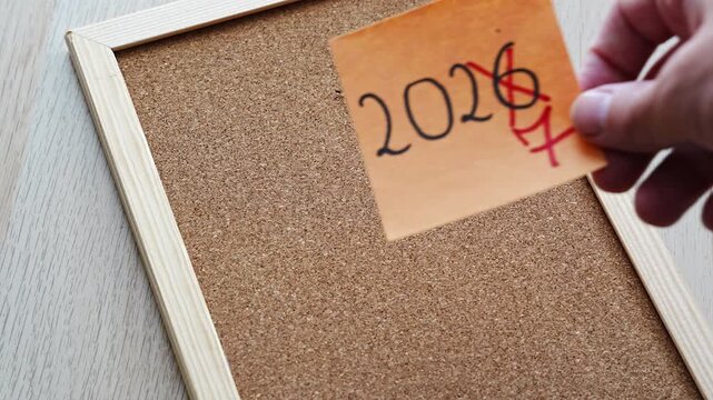 On a framed cork board, a peach note shows 2026 with the 6 struck through and a red 7 written beside it. A static, clean composition for the year update, calendar correction and starting over in 2027