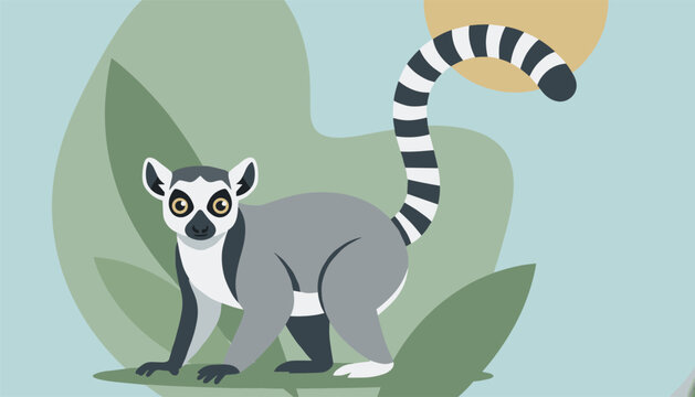 Ring tailed lemur standing in nature setting with leaves and sun