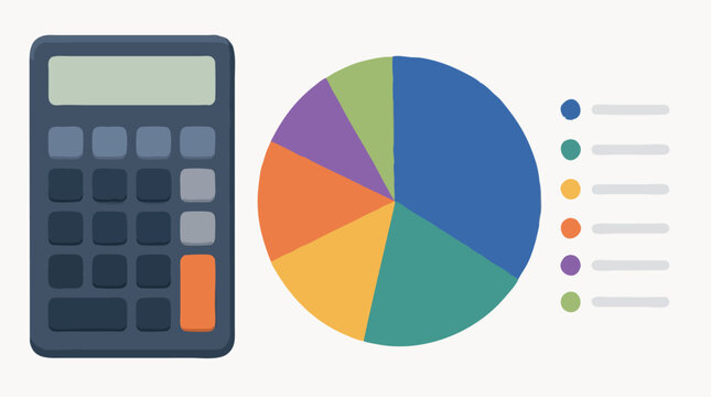 Navy handheld calculator with an orange equals key next to a multicolor six-slice pie chart and gray list dots, tax breakdown flat vector on warm white background