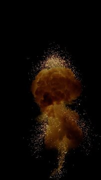 An isolated explosion captured in a freeze-motion shot against a black background. The suspended burst of flame, smoke, and debris creates a dramatic visual suitable for action sequences and special e