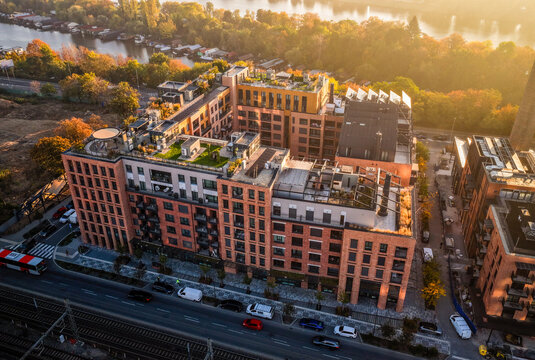 Modern Industrial Brick Apartment Building at Sunrise