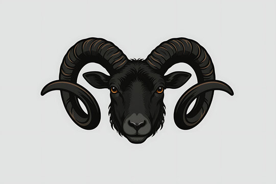 A black ram head vector with large curved horns, Aries zodiac mascot logo, it's a isolated on white background