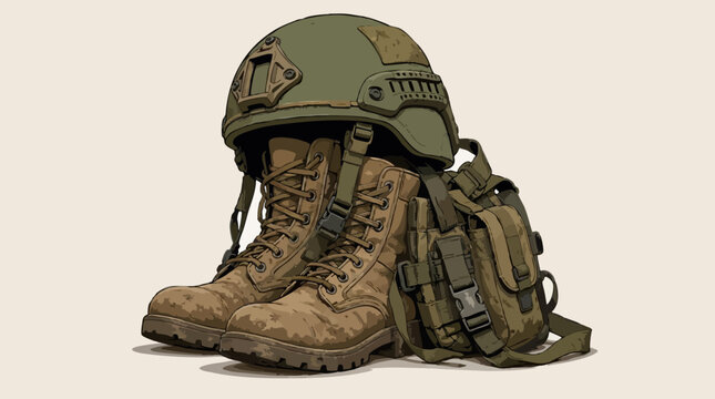 Olive green combat helmet resting on muddy tan military boots beside a tactical pouch and strap gear, flat vector illustration about soldier equipment and the armed forces